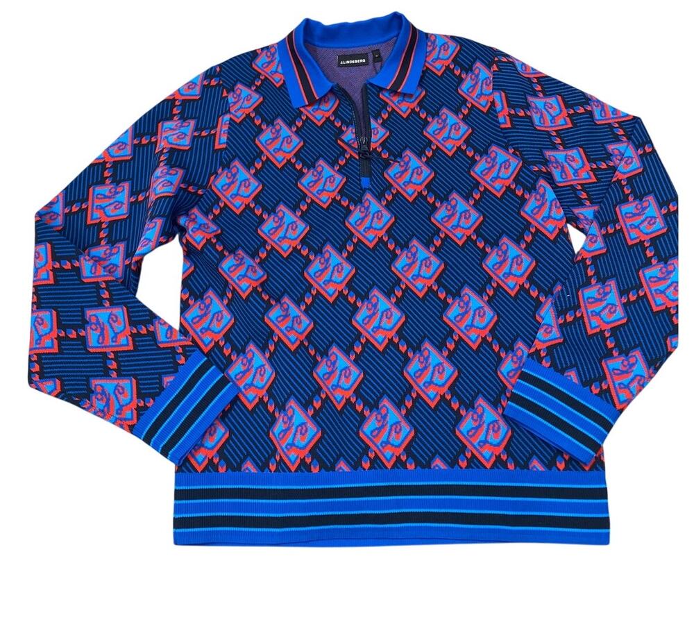 J. Lindeberg Men's Rami Jaquard Polo, Long Sleeve, Medium, Lapis Blue, NWT
